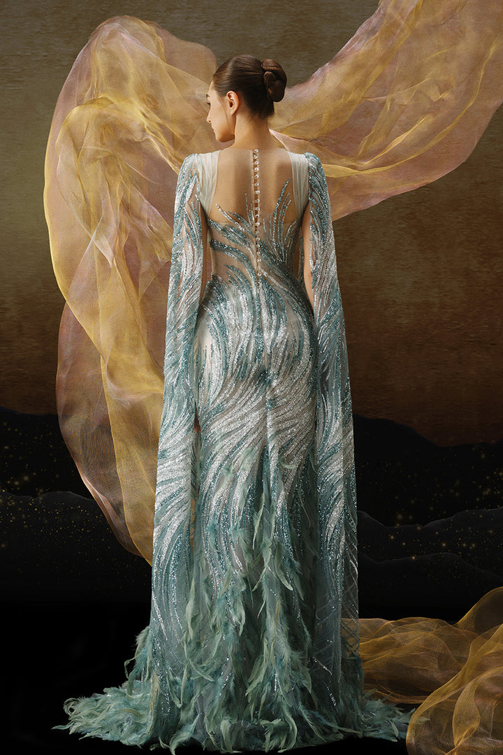 Column-Body Beaded Dress with Cape