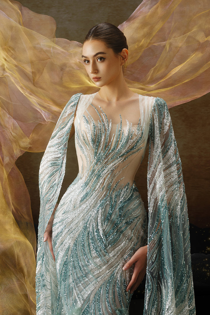 Column-Body Beaded Dress with Cape Ice Blue / FR 36 Column-Body Beaded Dress with Cape Ice Blue / FR 36