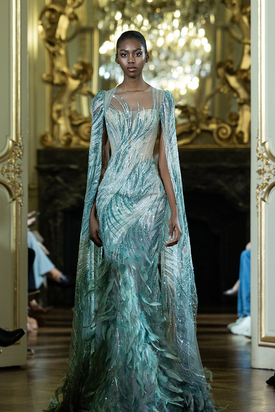 Column-Body Beaded Dress with Cape