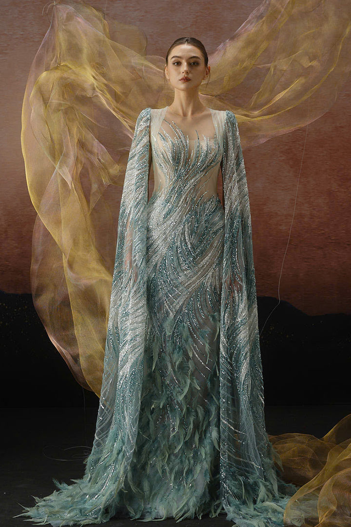 Column-Body Beaded Dress with Cape