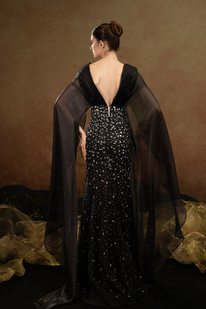 Column Dress with Cape and V-Neckline