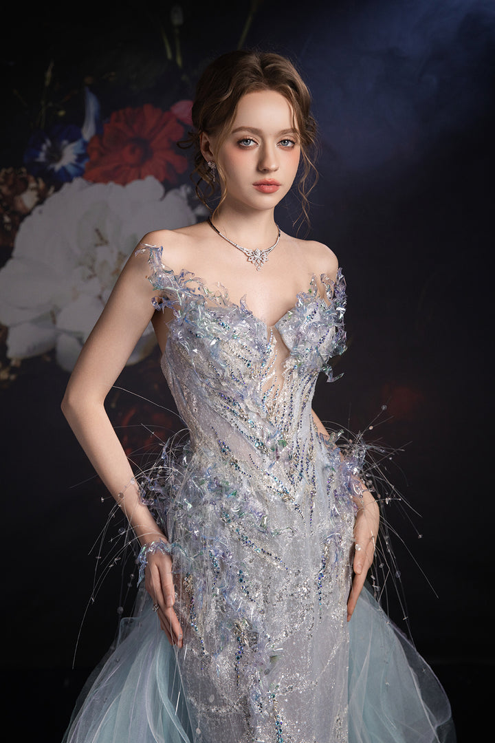 Column Dress with Crystal Embellishment and Regal Train