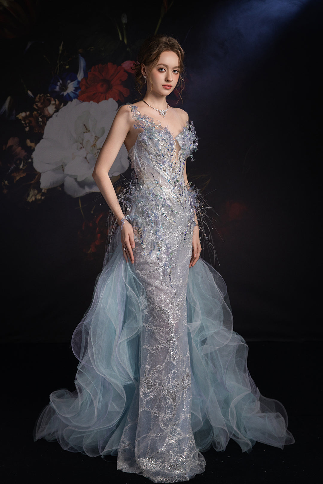 Column Dress with Crystal Embellishment and Regal Train