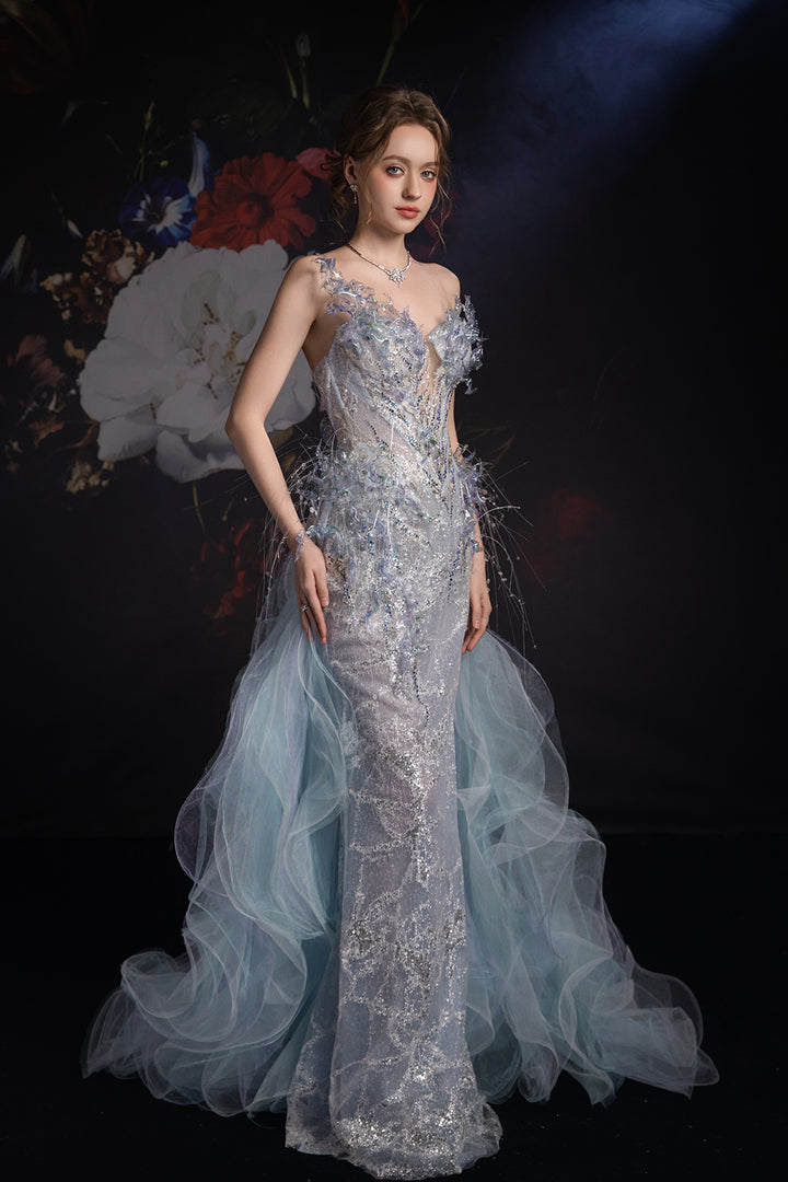 Column Dress with Crystal Embellishment and Regal Train