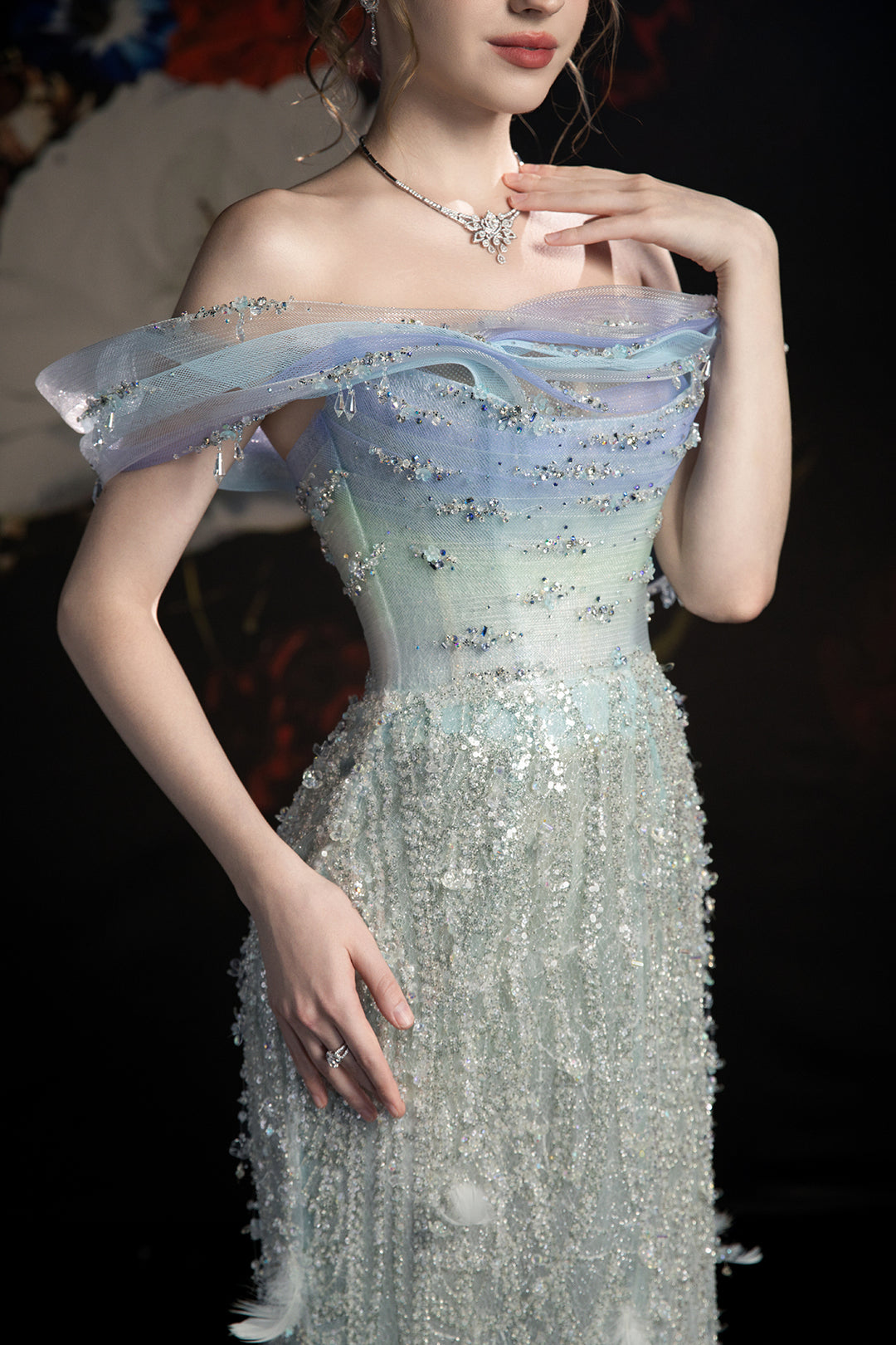 Column Dress with Off-The-Shoulder Sleeve and Cape