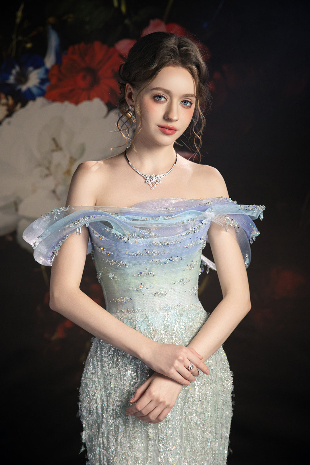 Column Dress with Off-The-Shoulder Sleeve and Cape