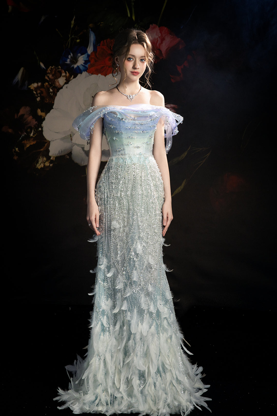 Column Dress with Off-The-Shoulder Sleeve and Cape