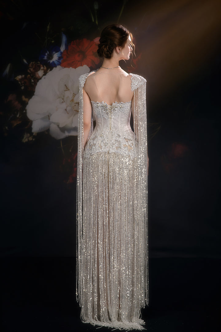 Column Dress with Beaded Fringe