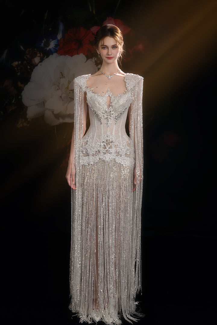 Column Dress with Beaded Fringe