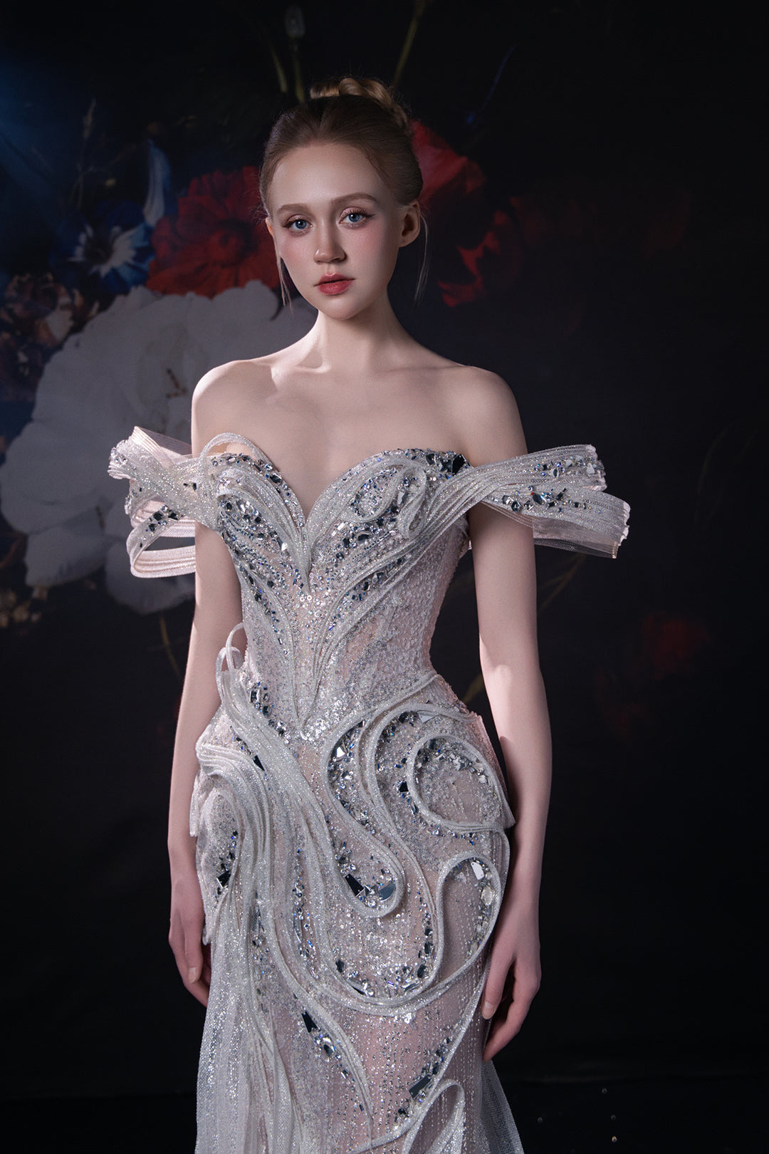 Mermaid Dress with 3D Appliqués and Ruffled Sleeves