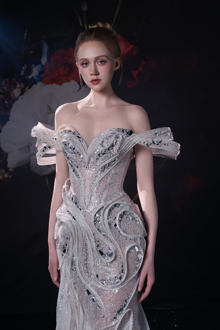 Mermaid Dress with 3D Appliqués and Ruffled Sleeves