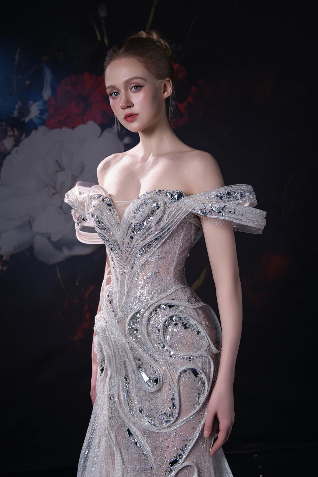 Mermaid Dress with 3D Appliqués and Ruffled Sleeves