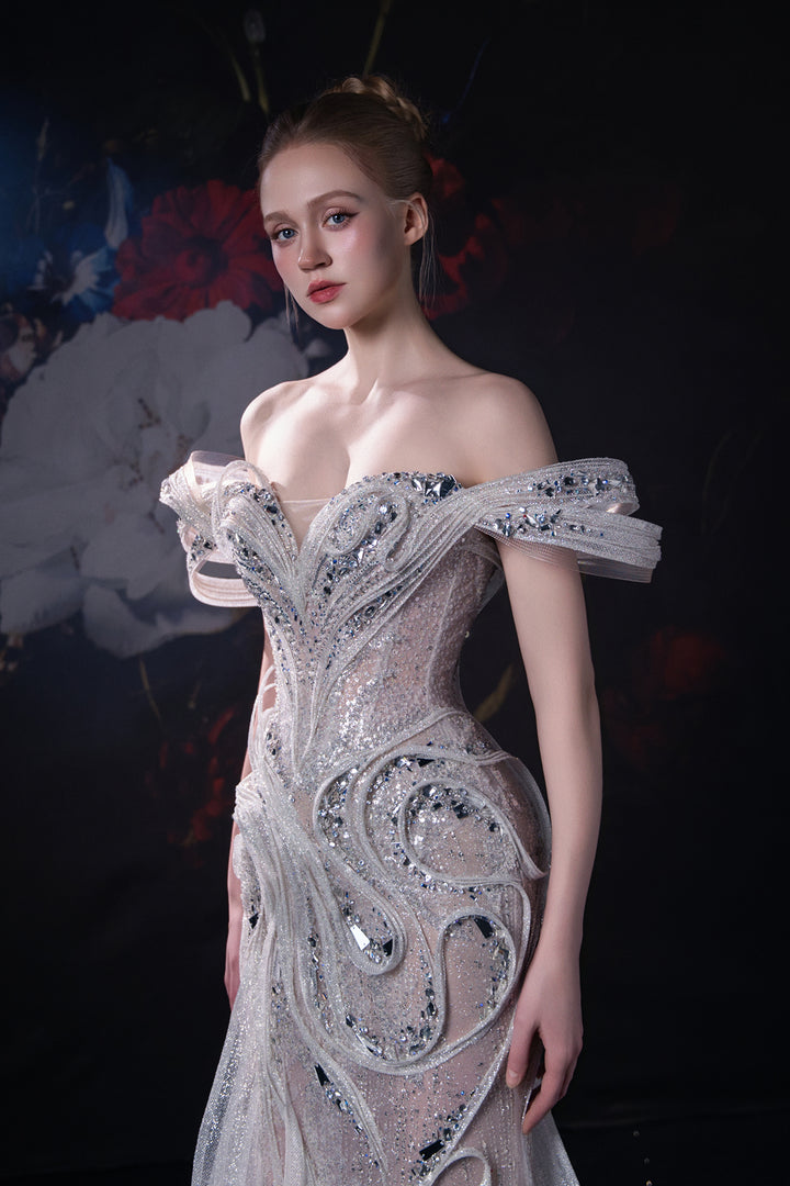 Mermaid Dress with 3D Appliqués and Ruffled Sleeves