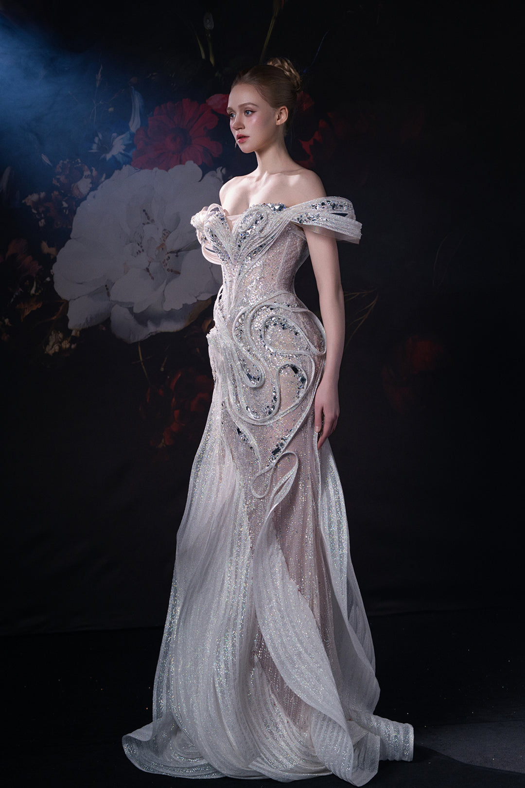 Mermaid Dress with 3D Appliqués and Ruffled Sleeves