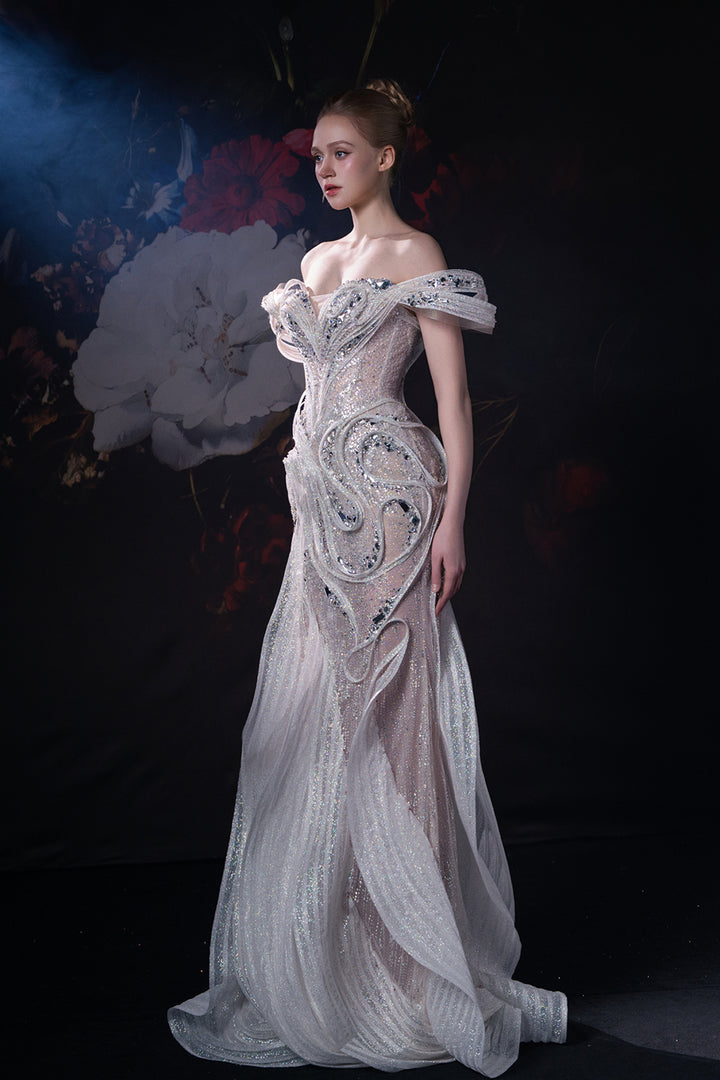 Mermaid Dress with 3D Appliqués and Ruffled Sleeves