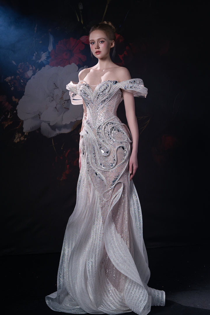 Mermaid Dress with 3D Appliqués and Ruffled Sleeves
