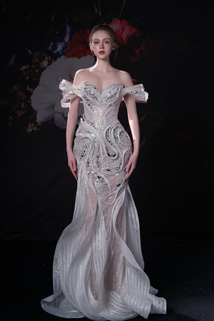 Mermaid Dress with 3D Appliqués and Ruffled Sleeves