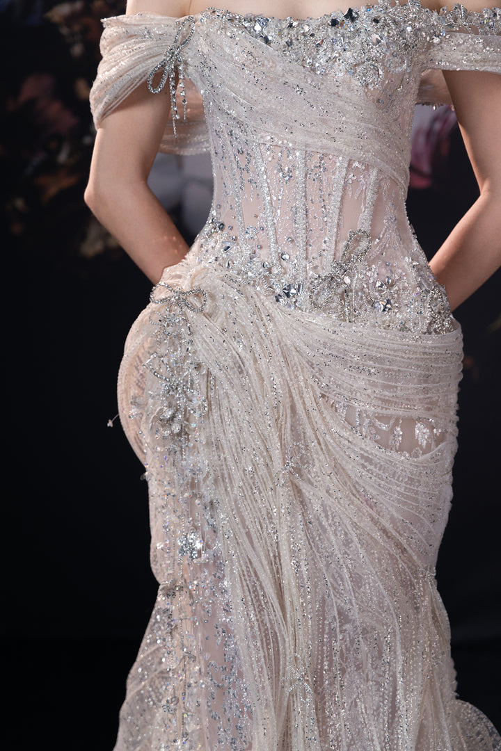 Corseted Mermaid Dress with Off-The-Shoulder Neckline