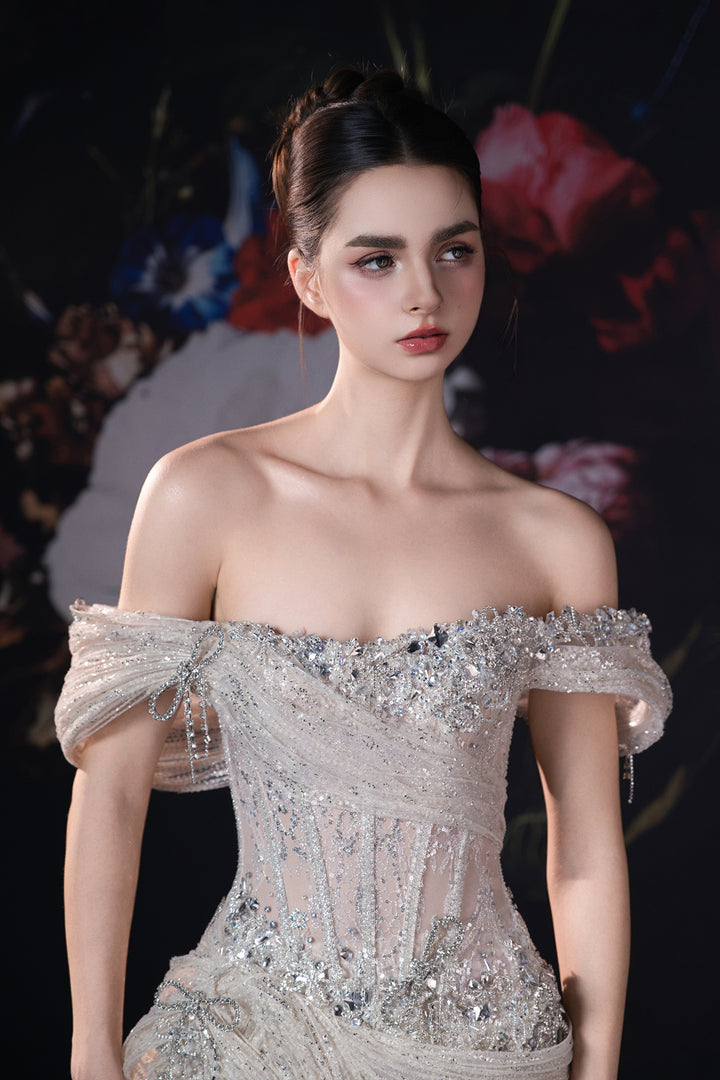 Corseted Mermaid Dress with Off-The-Shoulder Neckline