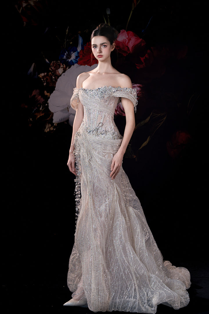 Corseted Mermaid Dress with Off-The-Shoulder Neckline