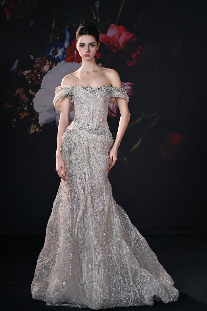 Corseted Mermaid Dress with Off-The-Shoulder Neckline