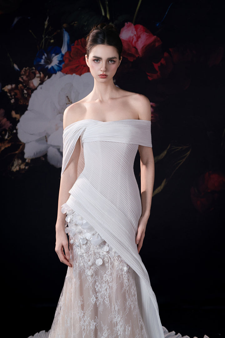 Off-The-Shoulder Column Dress with Embroidery