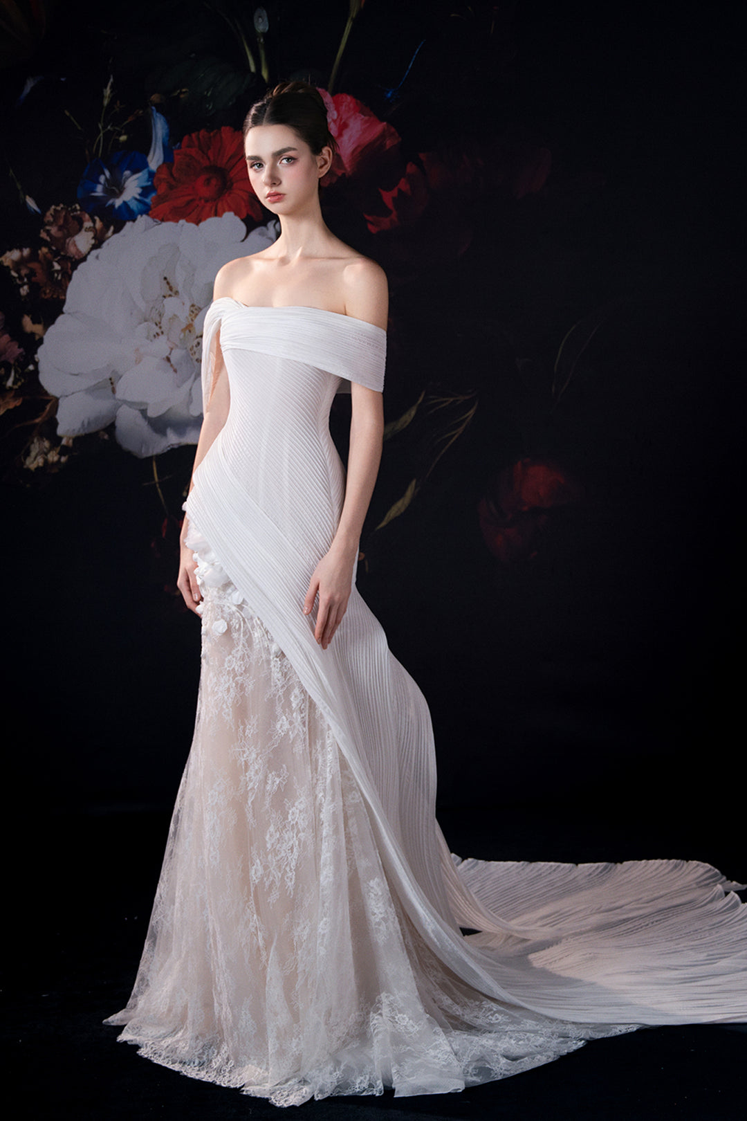 Off-The-Shoulder Column Dress with Embroidery