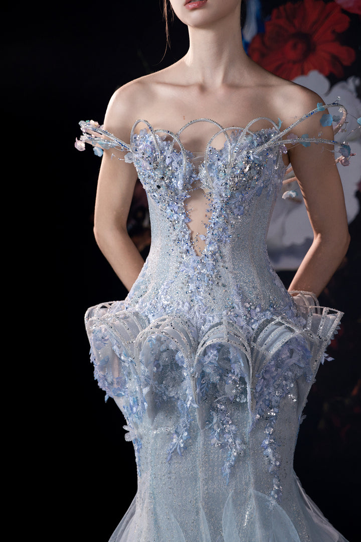 Off-The-Shoulder Mermaid Dress in Beaded Embroidery