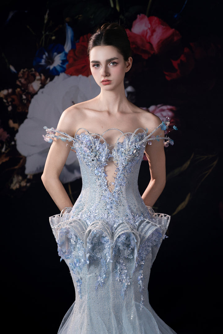 Off-The-Shoulder Mermaid Dress in Beaded Embroidery