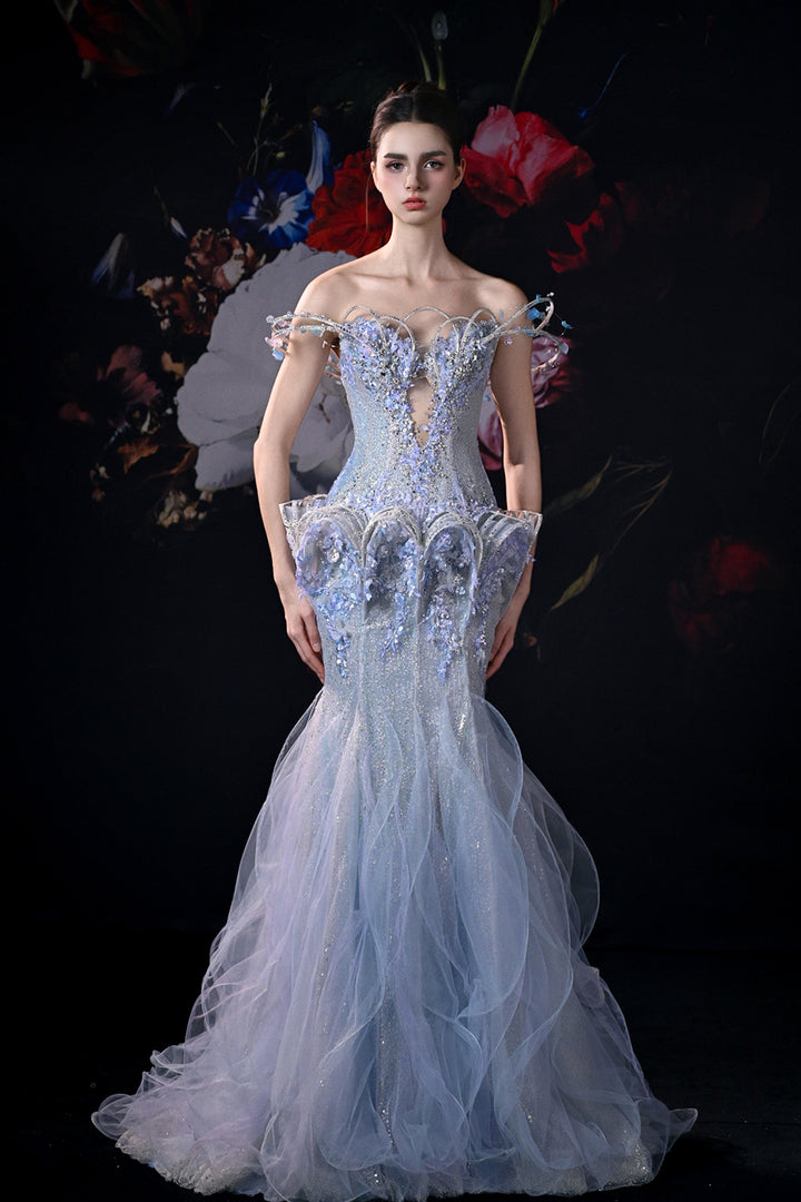 Off-The-Shoulder Mermaid Dress in Beaded Embroidery