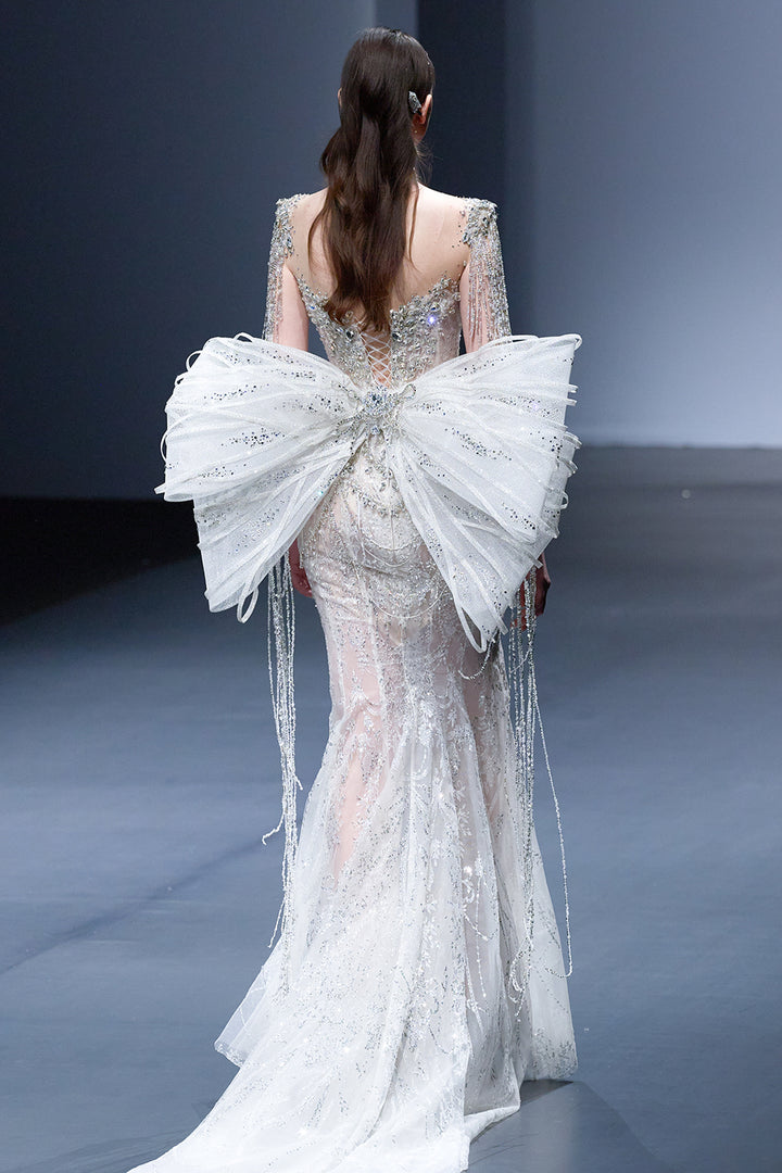 Beaded Fringe Mermaid Dress with Illusion Plunge