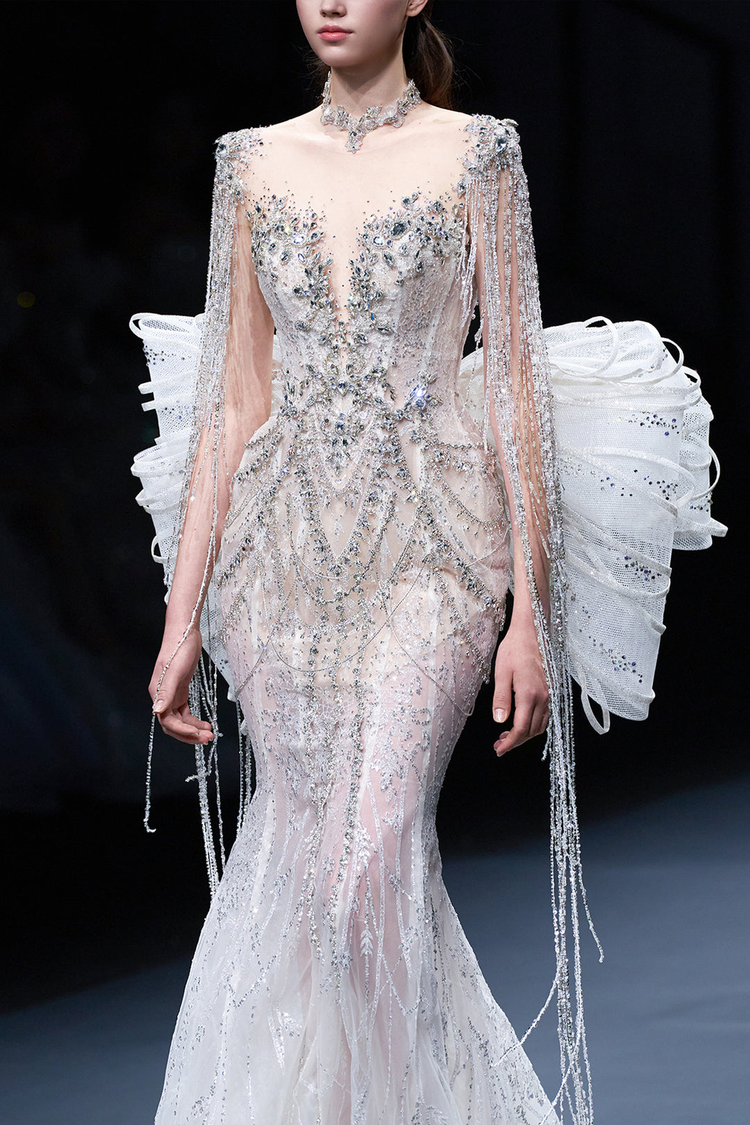 Beaded Fringe Mermaid Dress with Illusion Plunge