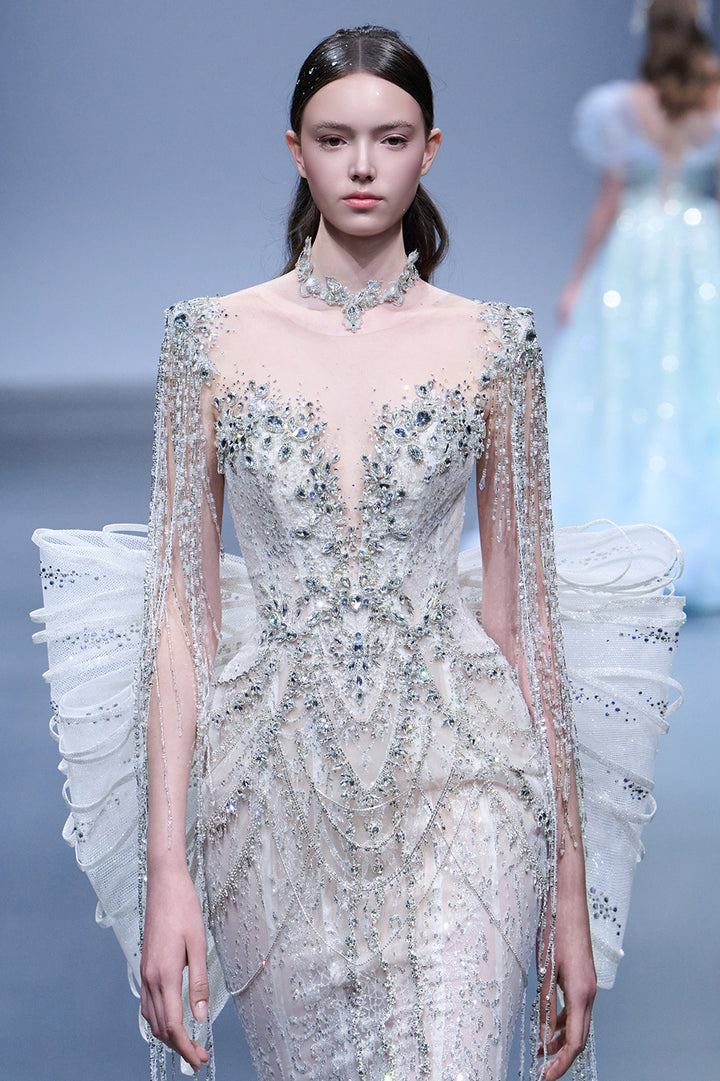 Beaded Fringe Mermaid Dress with Illusion Plunge