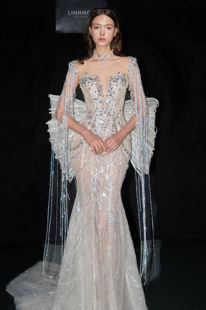 Beaded Fringe Mermaid Dress with Illusion Plunge