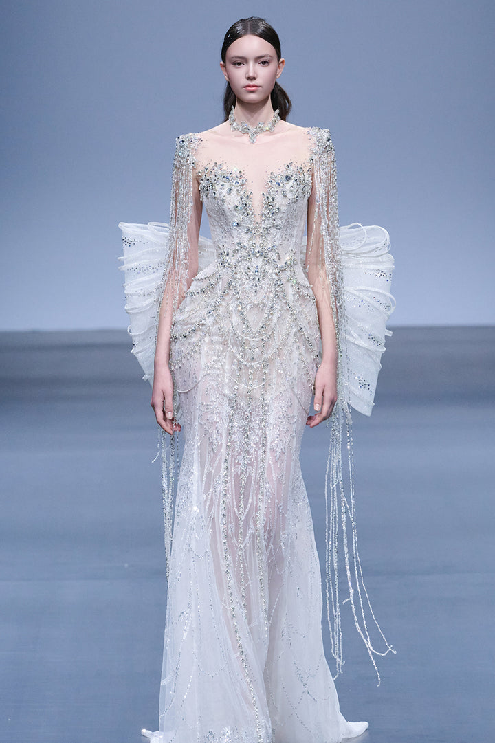 Beaded Fringe Mermaid Dress with Illusion Plunge