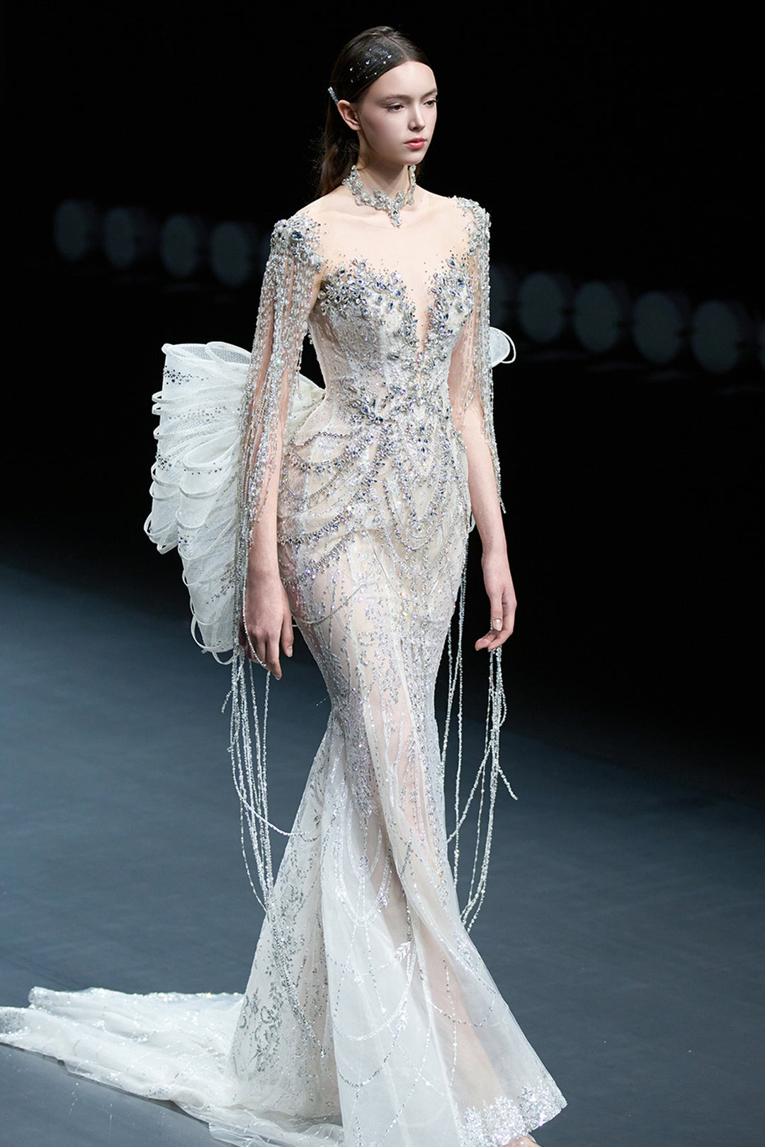 Beaded Fringe Mermaid Dress with Illusion Plunge