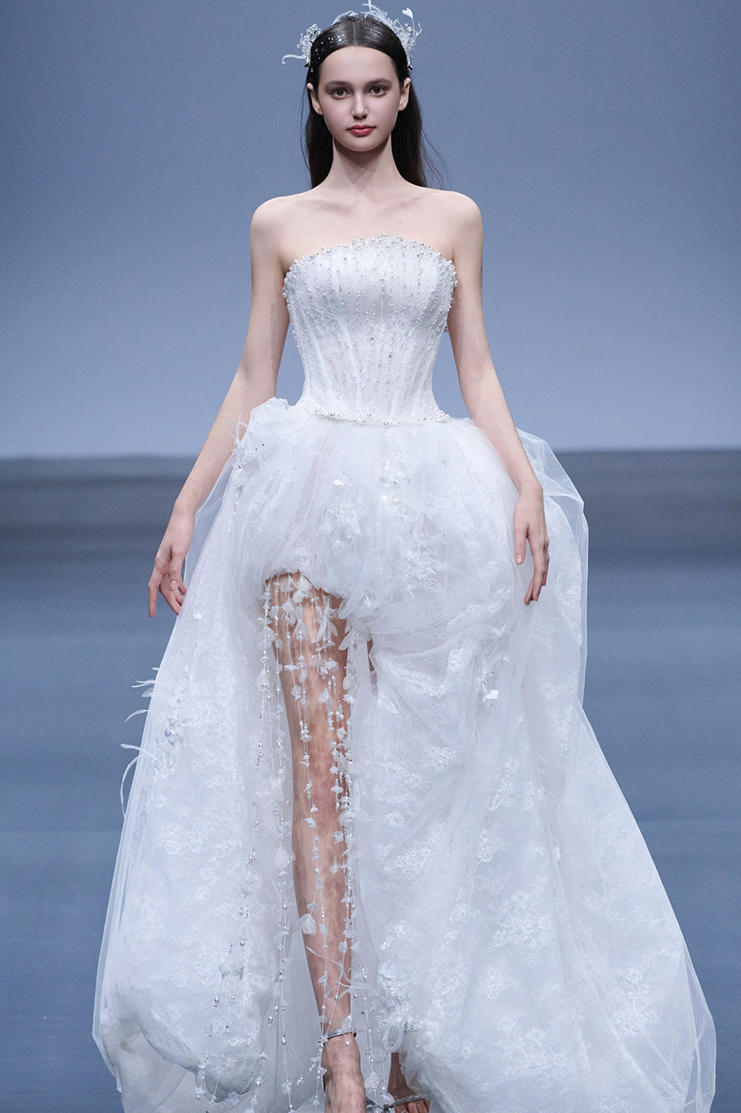 Ethereal Floral And Crystal A-line Dress White / FR 38