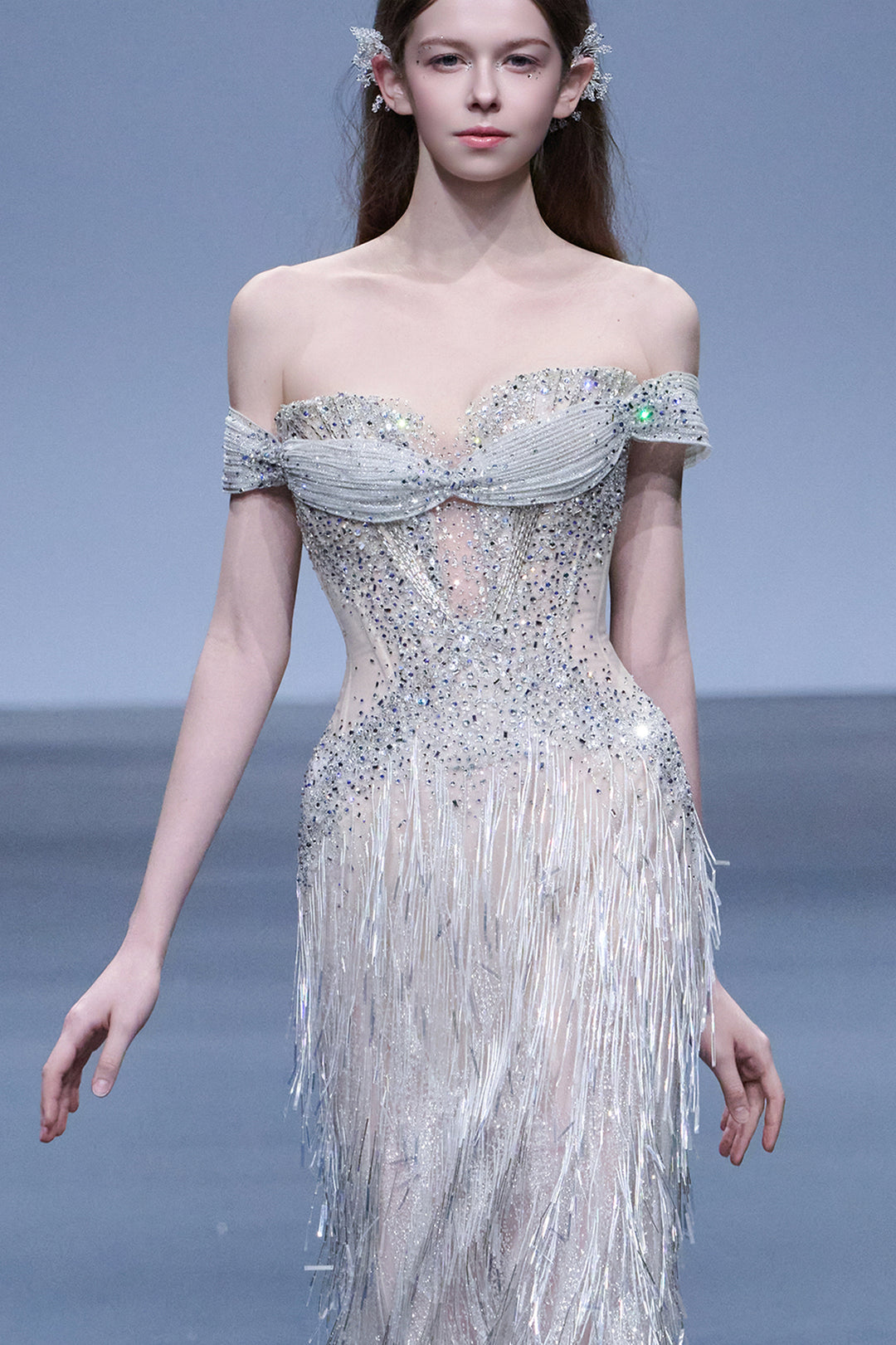 Beaded Fringe Off-The-Shoulder Mermaid Dress