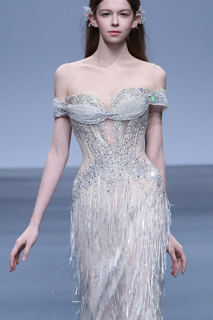 Beaded Fringe Off-The-Shoulder Mermaid Dress