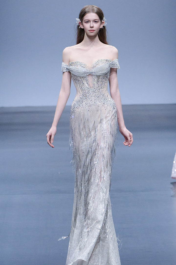 Beaded Fringe Off-The-Shoulder Mermaid Dress