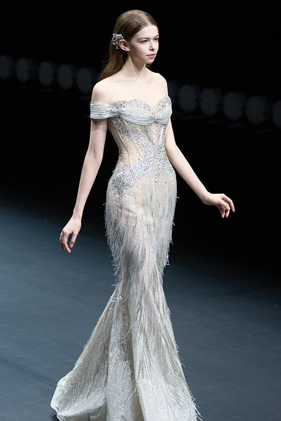 fringe off shoulder dress Fringe Off Shoulder Slit Evening Gown by GLS Gloria GL3621 3XL / Champagne
