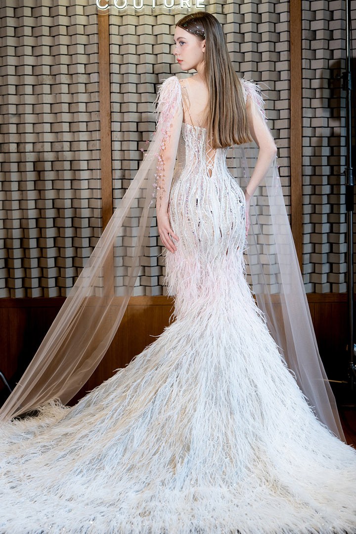 Embellished Illusion Mermaid Dress with Cape Sleeves