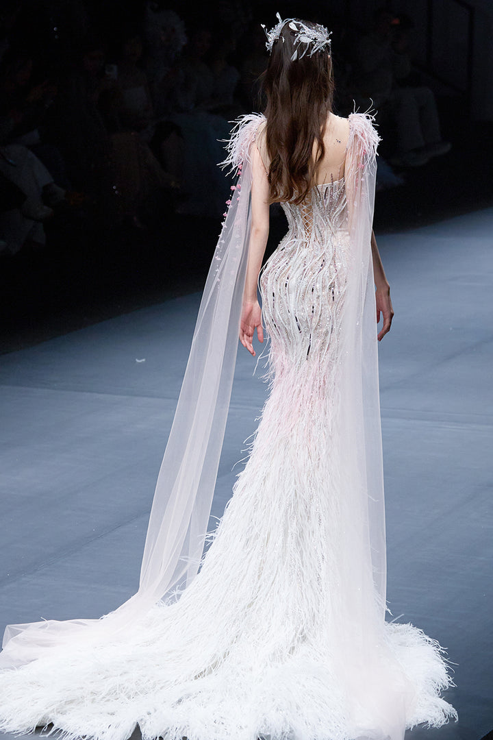 Embellished Illusion Mermaid Dress with Cape Sleeves