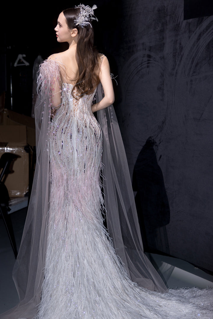Embellished Illusion Mermaid Dress with Cape Sleeves