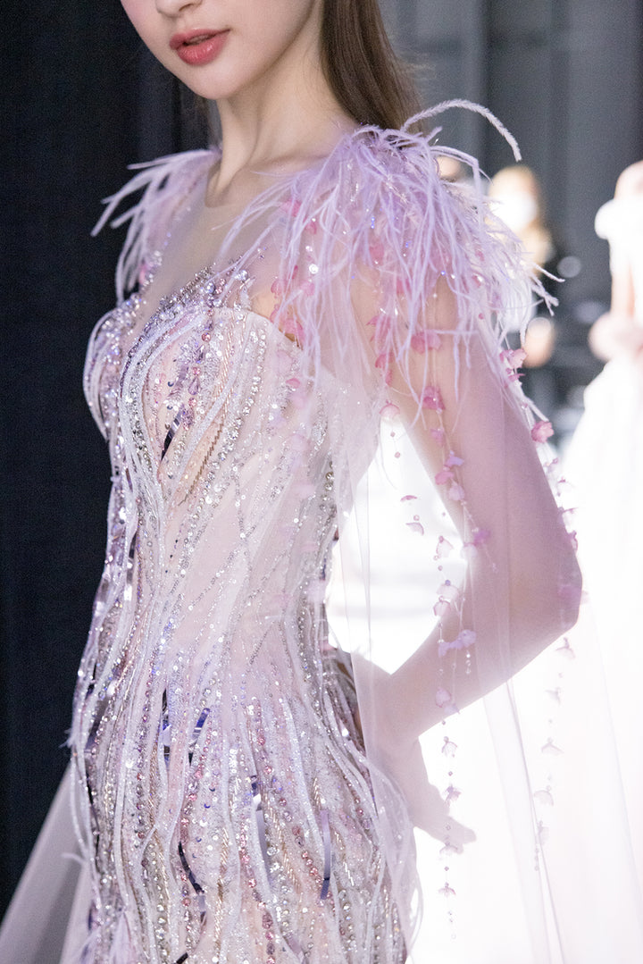 Embellished Illusion Mermaid Dress with Cape Sleeves