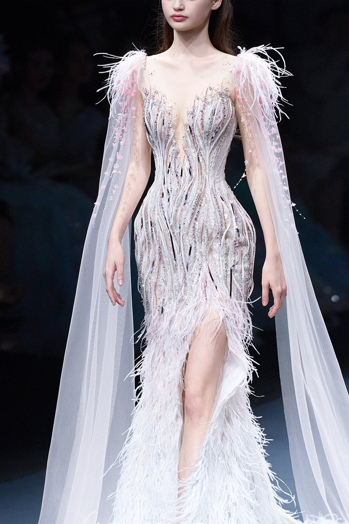 Embellished Illusion Mermaid Dress with Cape Sleeves