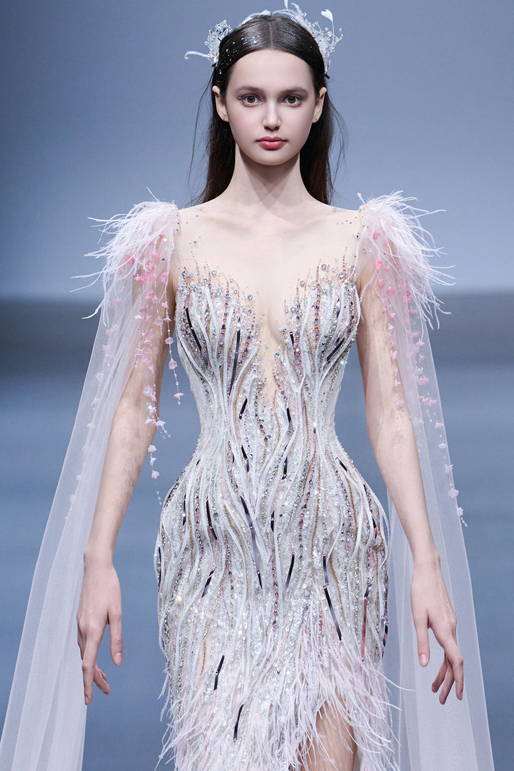 Embellished Illusion Mermaid Dress with Cape Sleeves