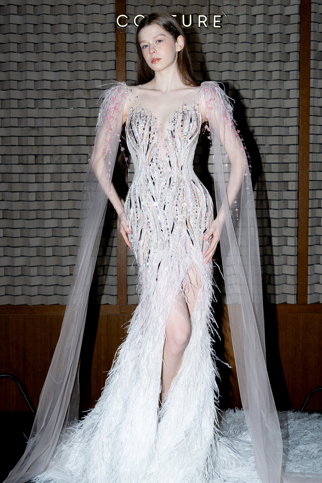 Embellished Illusion Mermaid Dress with Cape Sleeves