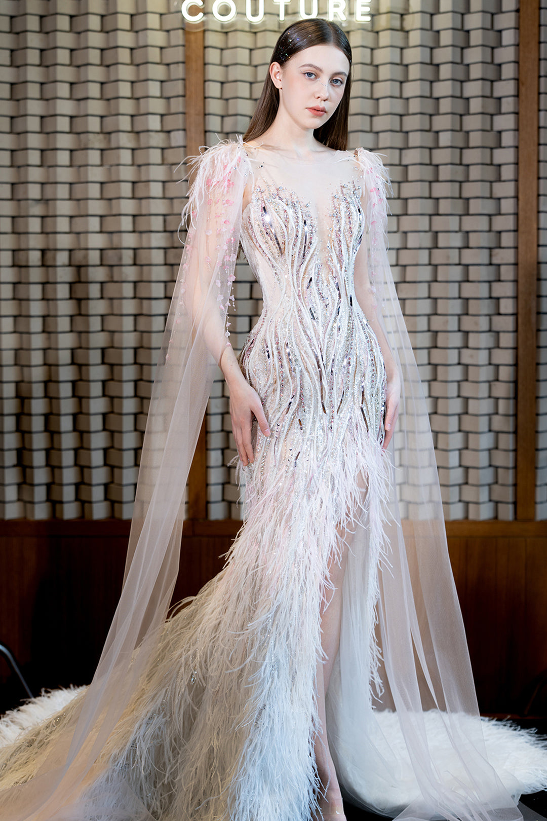 Embellished Illusion Mermaid Dress with Cape Sleeves