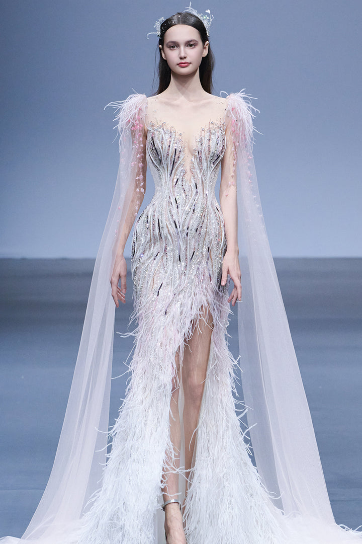 Embellished Illusion Mermaid Dress with Cape Sleeves